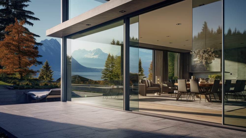 Villa avec baies coulissantes minimalistes ouvertes sur la terrasse