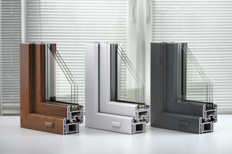 Profils de fenêtres en coupe, finitions bois, blanc et gris